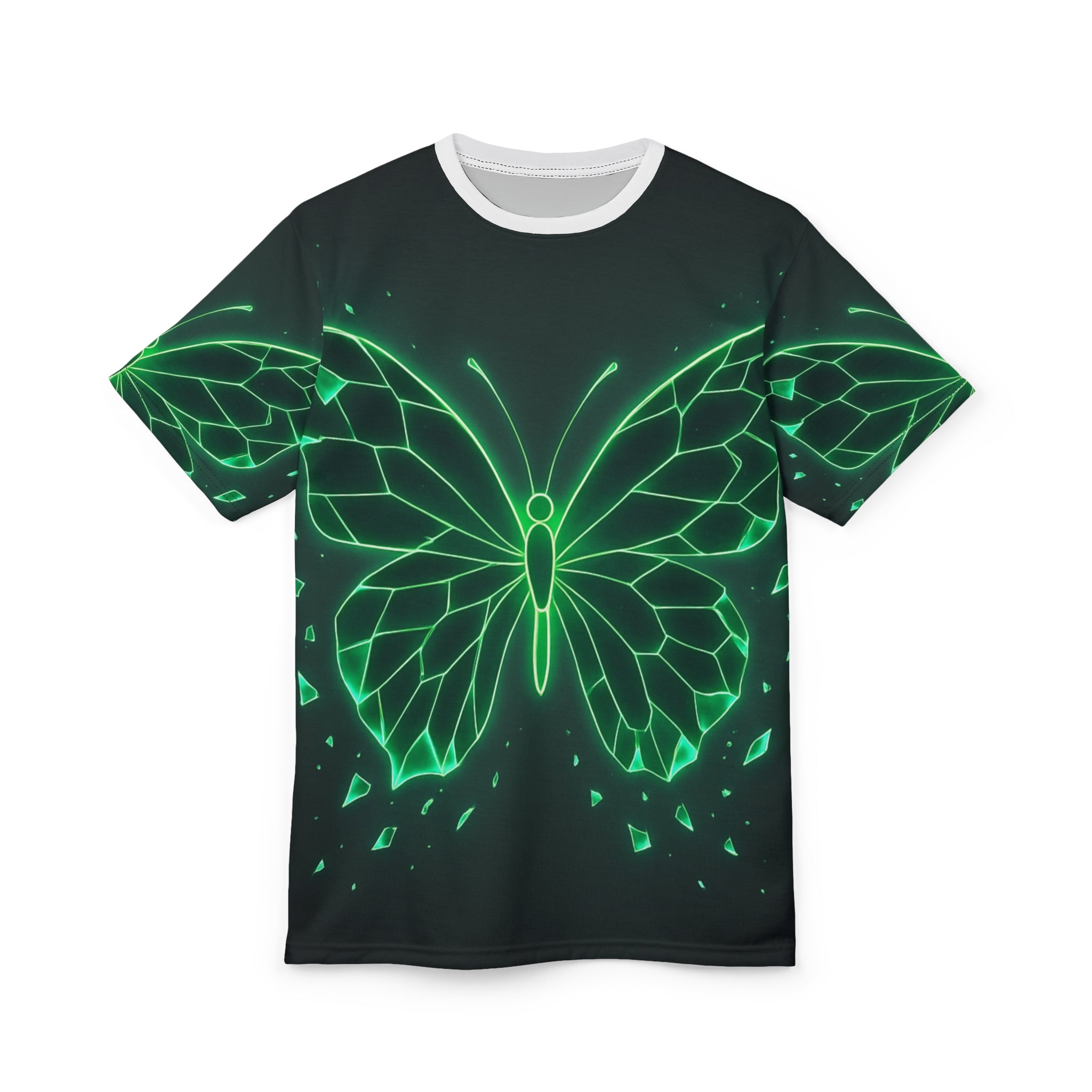 Glow-in-the-Dark Butterfly Tee, Unisex AOP Shirt, Nature Lover Gift, Festival Wear, Eco-Friendly Fashion