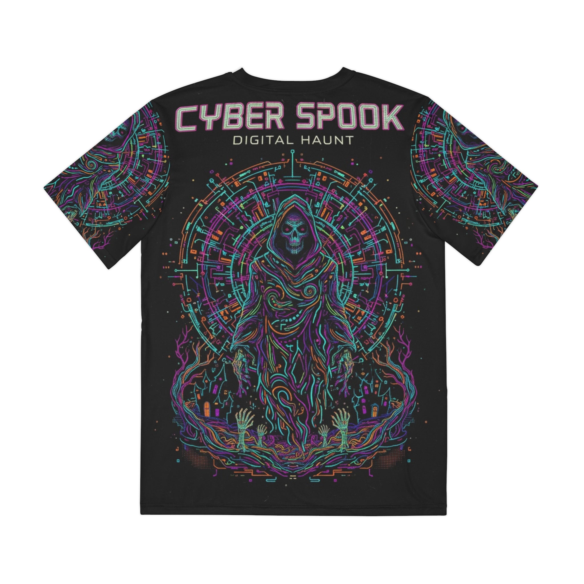 Cyber Spook Men's Polyester Tee, Gothic Graphic Tee, Halloween Costume Top, AOP T-Shirt, Unique Gift for Gamers, Digital Haunt Apparel