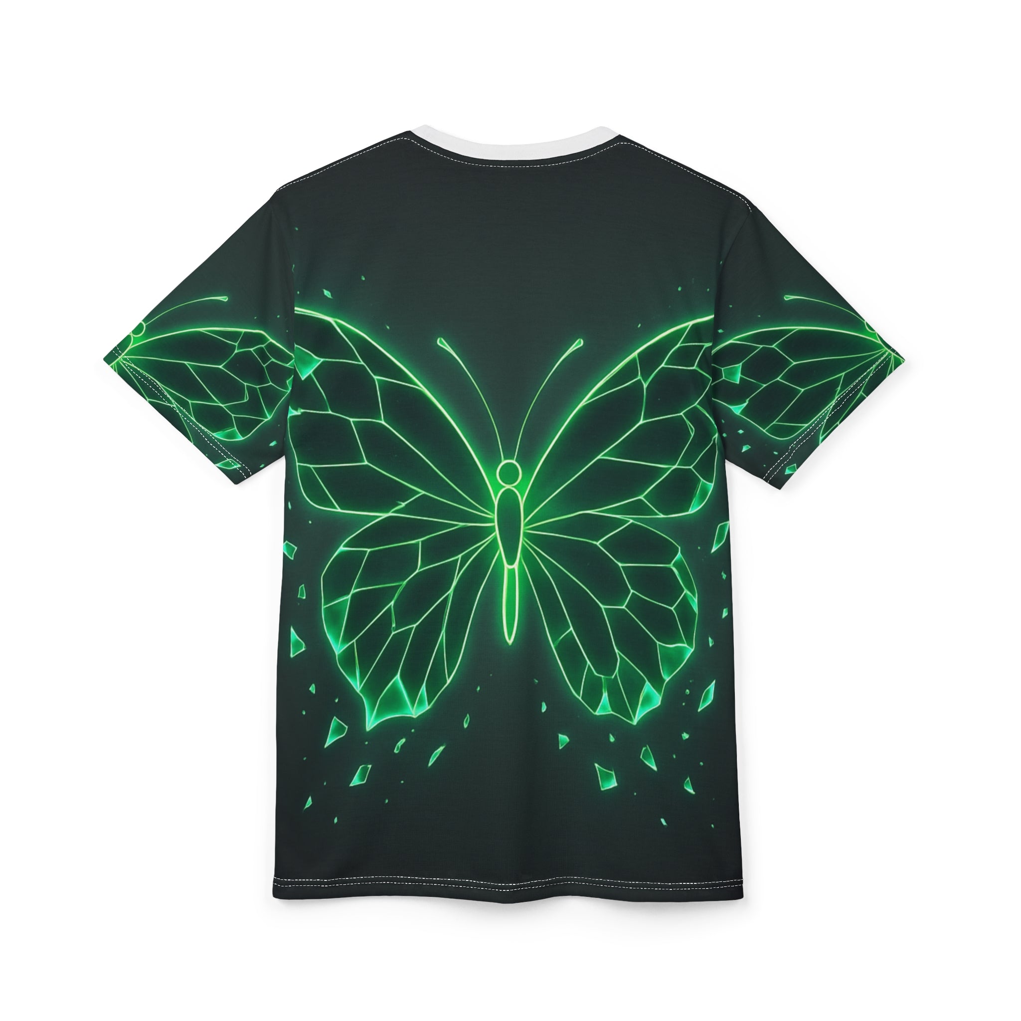 Glow-in-the-Dark Butterfly Tee, Unisex AOP Shirt, Nature Lover Gift, Festival Wear, Eco-Friendly Fashion