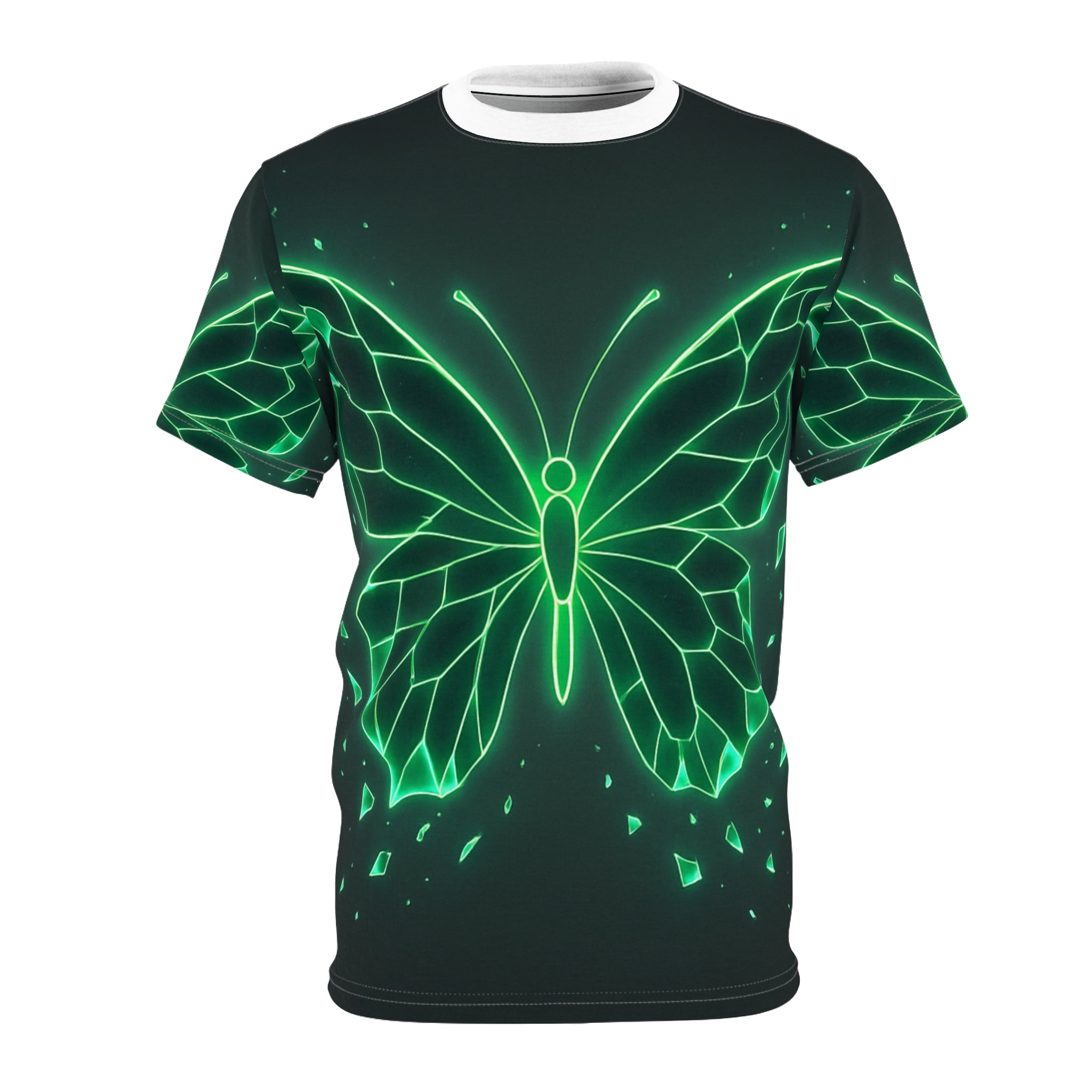 Glow-in-the-Dark Butterfly Tee, Unisex AOP Shirt, Nature Lover Gift, Festival Wear, Eco-Friendly Fashion