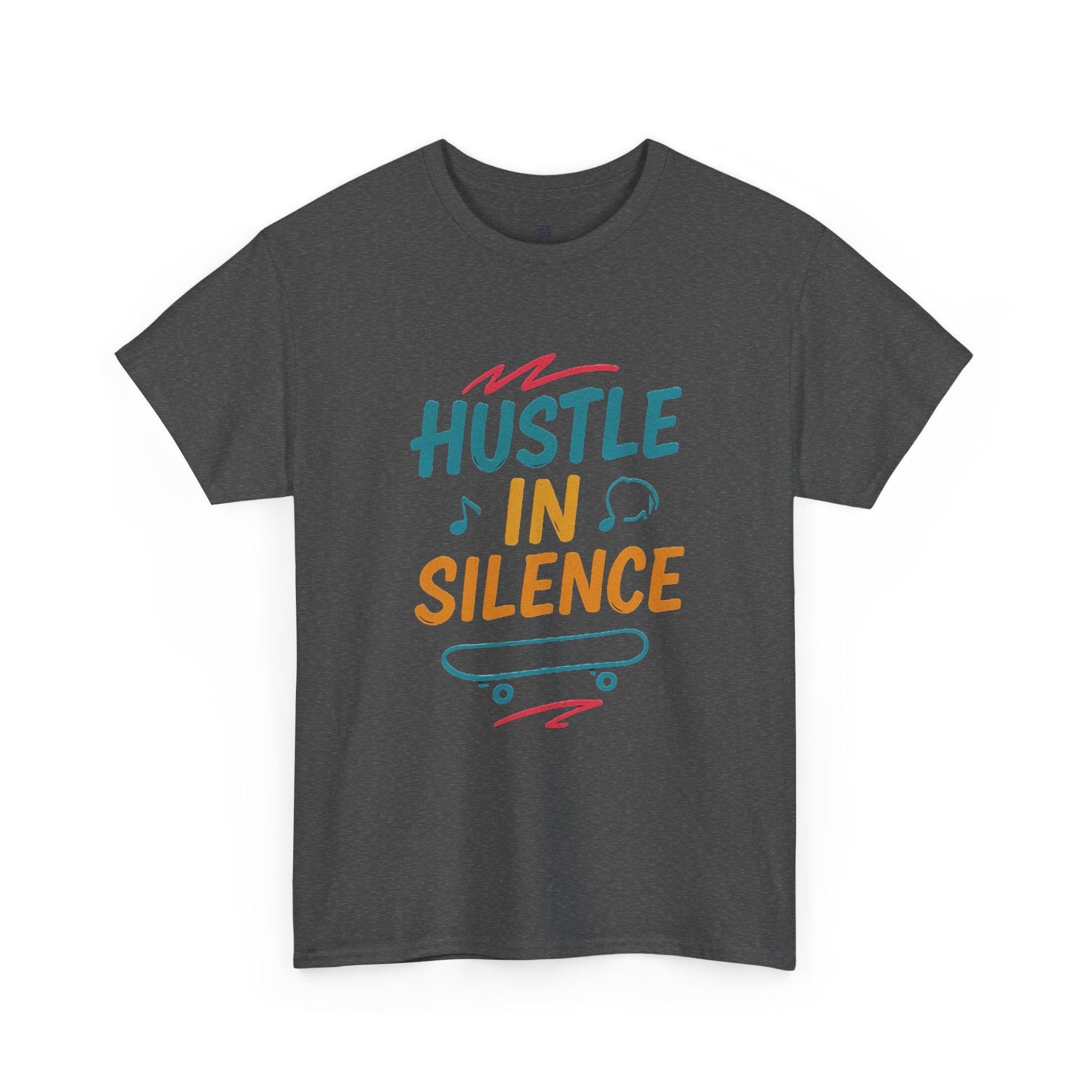Hustle in Silence Tee - Unisex Heavy Cotton T-Shirt, Skateboarder Gift, Cool Casual Wear, Fitness Shirt, Motivational Apparel