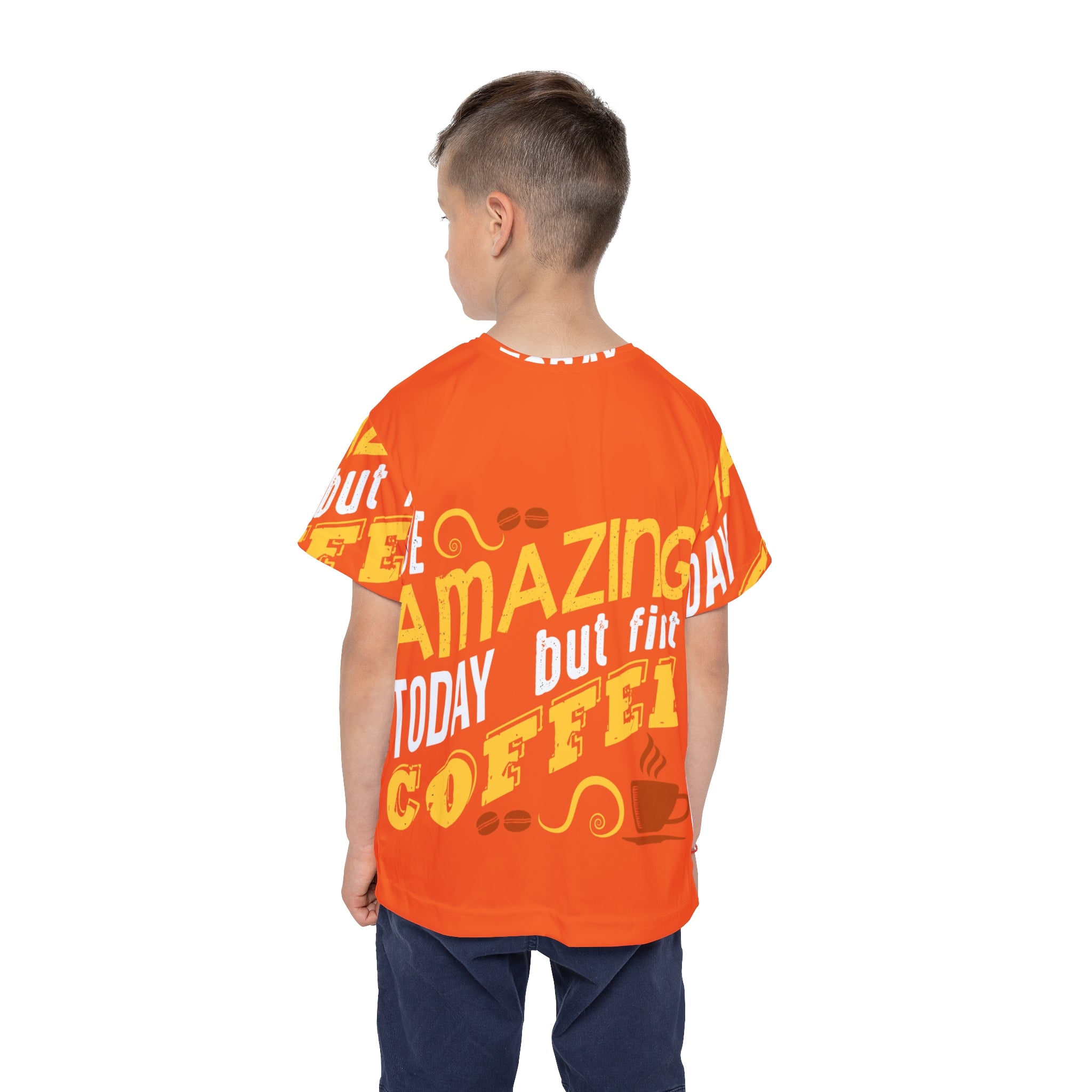 Kids Jersey — "Be Amazing Today But First Coffee" Bright Orange Sports Tee