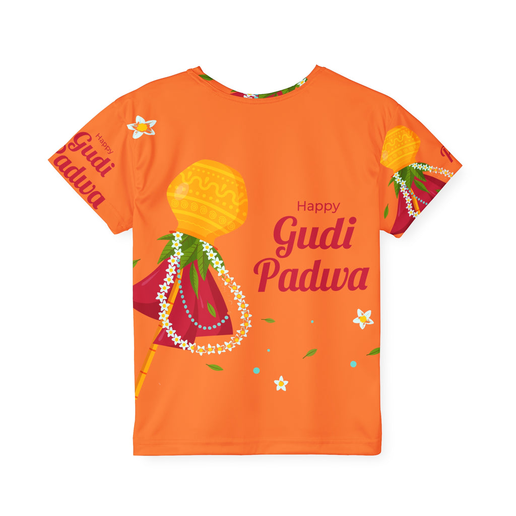 Gudi Padwa Kids Jersey — Bright Orange Festival Tee with 'Happy Gudi Padwa' Design