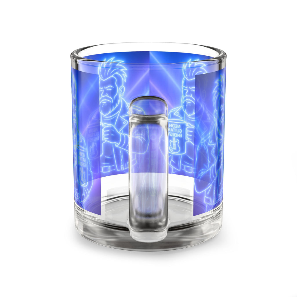 Neon Guitar Demon 10oz Glass Mug — Blue Retro Rock Coffee Cup