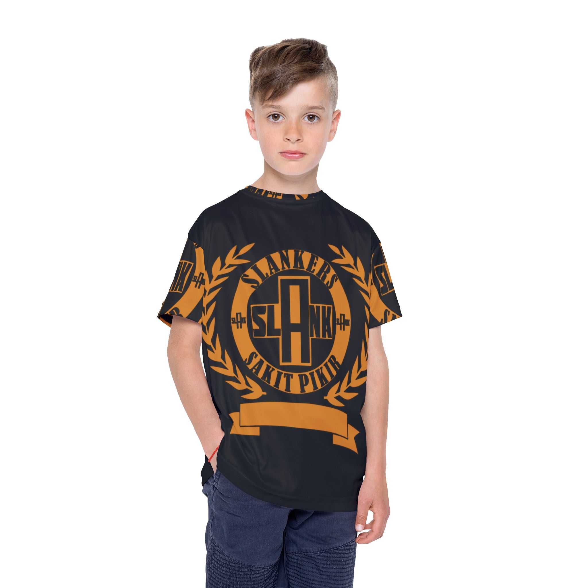 Kids Sports Jersey — Black & Orange Athletic Tee with Laurel Emblem (SLAANK Sakit Pikir)