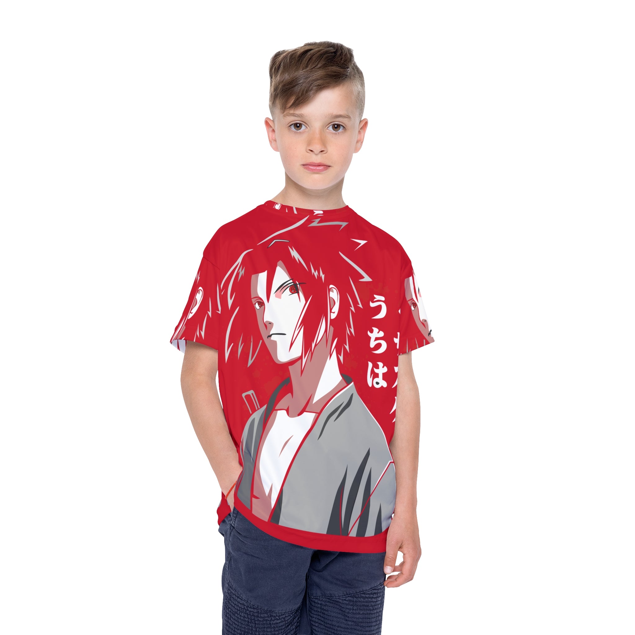 Kids Anime Jersey — Red Sasuke Uchiha Graphic Tee
