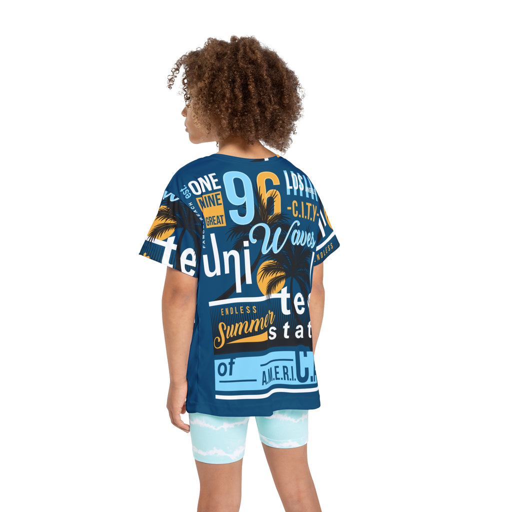 Kids Graphic Jersey Tee — 'Endless Summer' Blue Surf & Palm Print