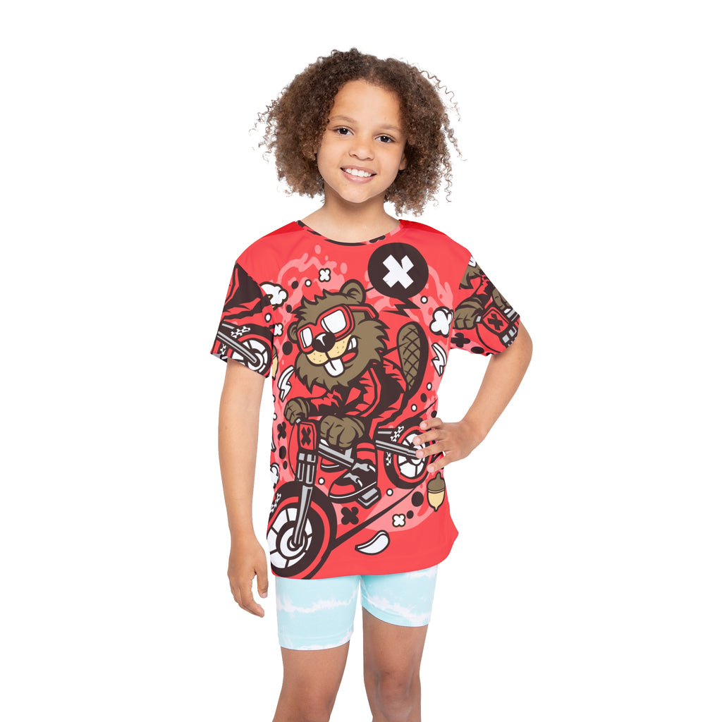 Kids Dirt Bike Jersey — Red Cartoon Beaver Motocross All-Over Print