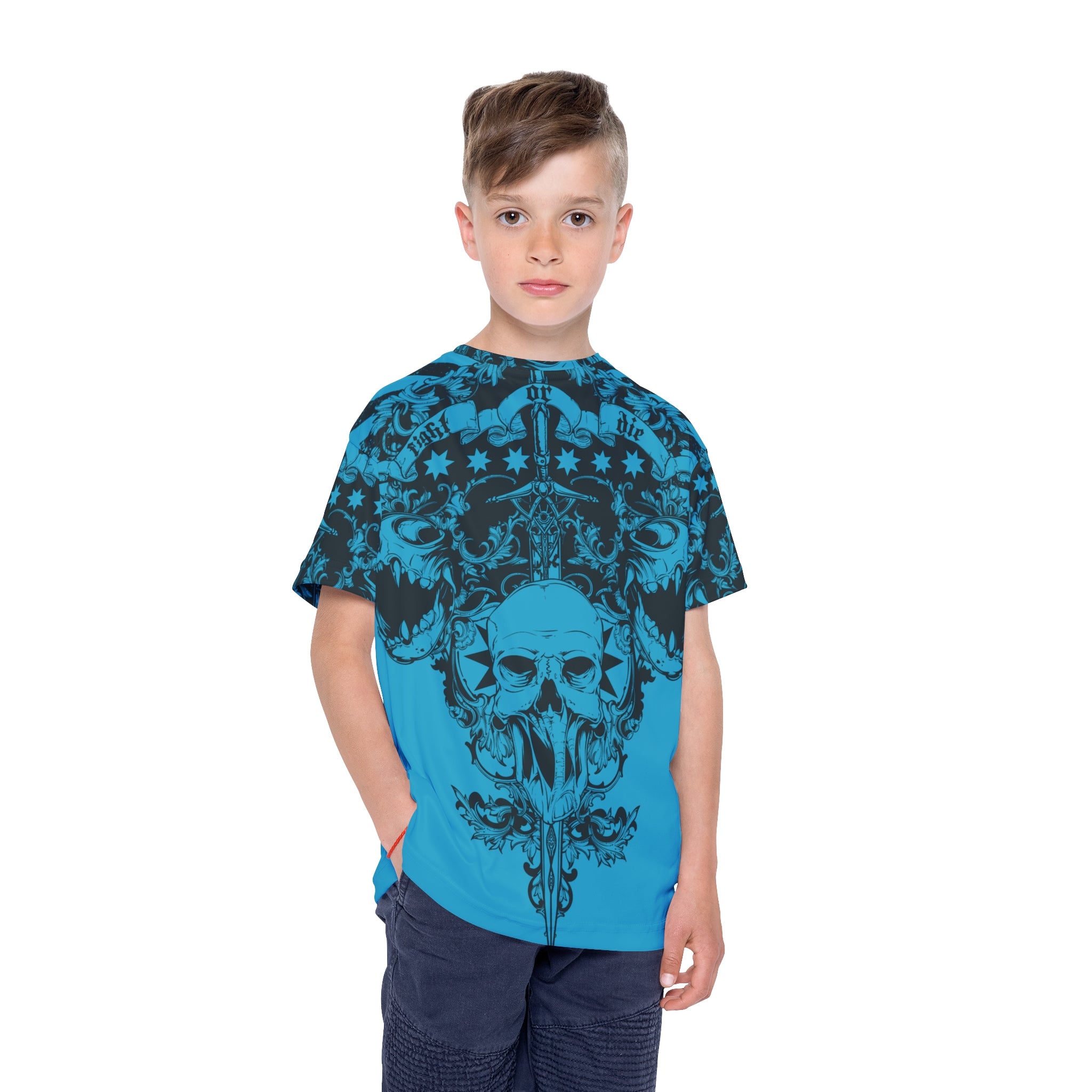 Kids Skull Sports Jersey — Blue Gothic AOP Tee