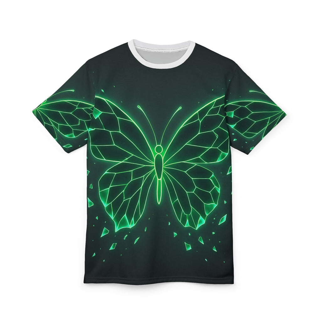 Glow-in-the-Dark Butterfly Tee, Unisex AOP Shirt, Nature Lover Gift, Festival Wear, Eco-Friendly Fashion