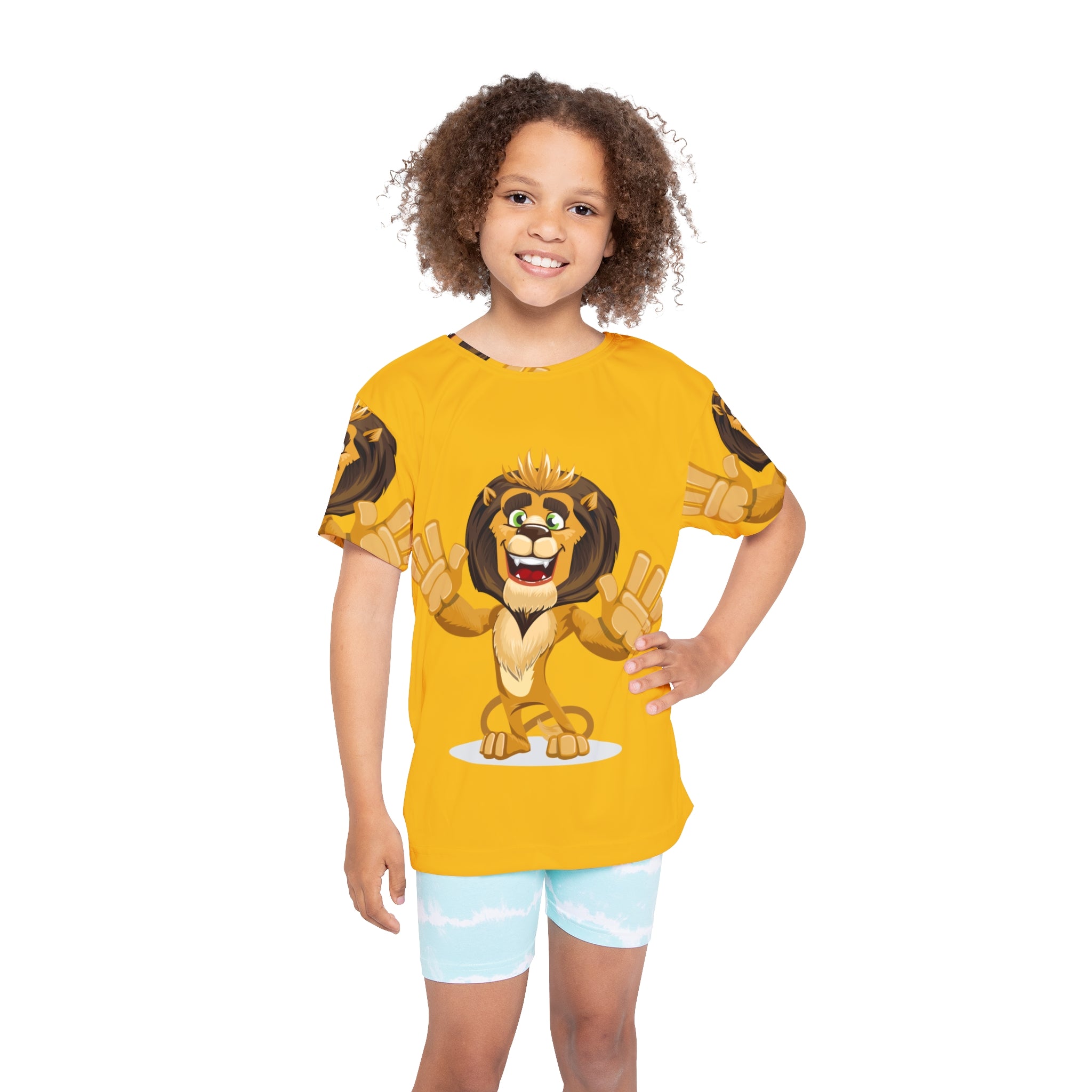 Kids Lion Sports Jersey — Bright Yellow All-Over-Print Tee for Active Play