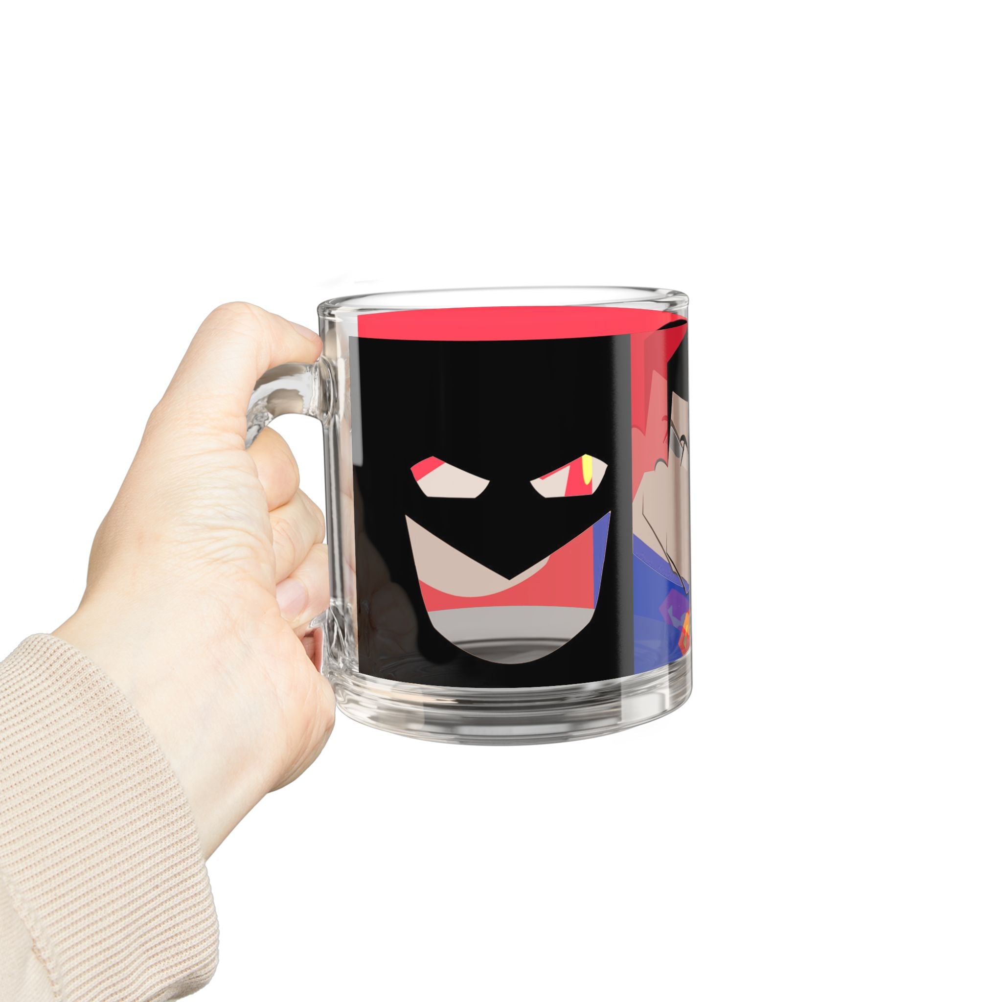 Superhero Glass Mug — Stylized Batman & Superman 10oz Coffee Cup