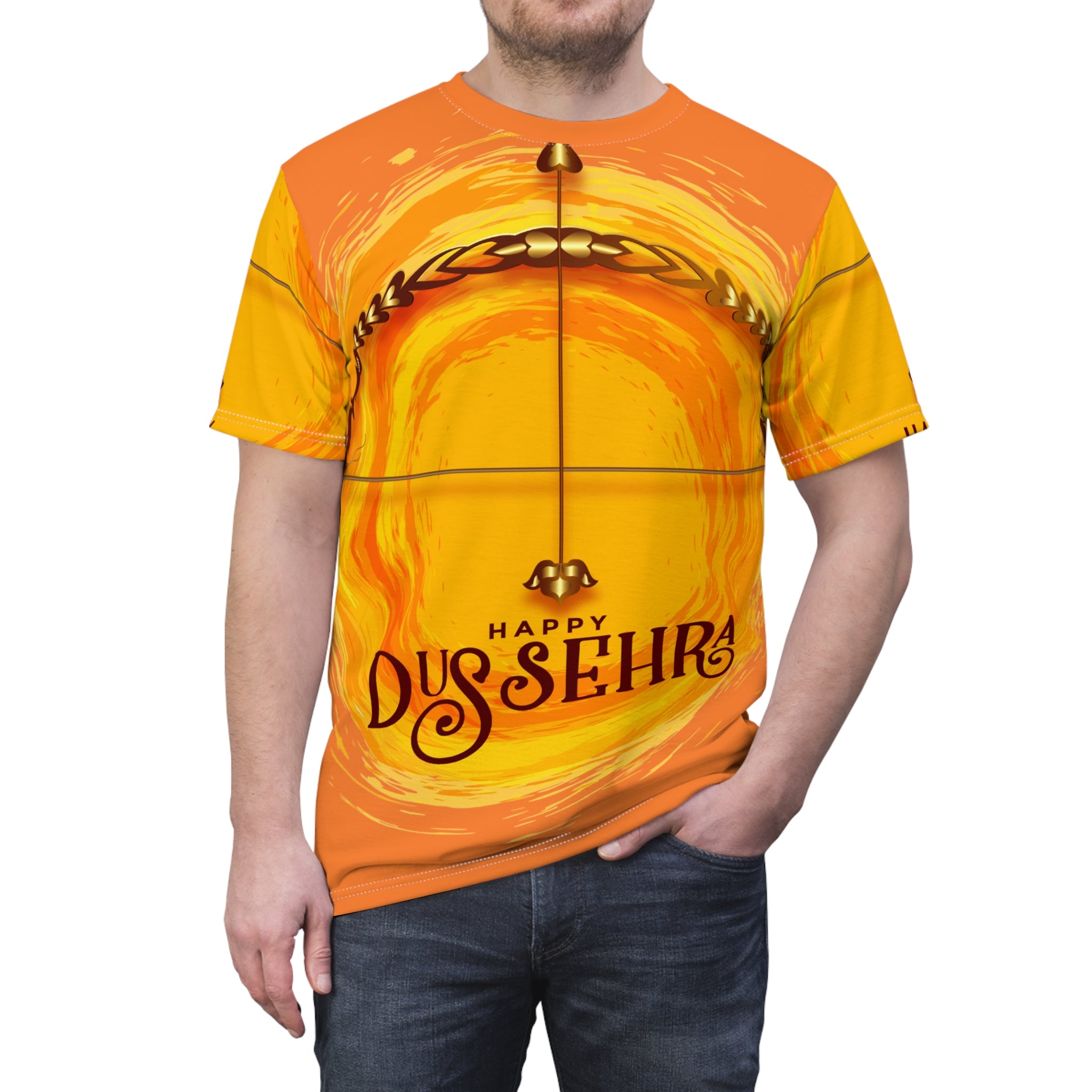 Dussehra Graphic Tee - "Happy Dussehra" Festive Orange AOP T-Shirt