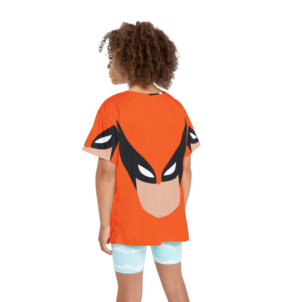 Kids Superhero Face Print Sports Jersey — Orange All-Over-Print Athletic Tee