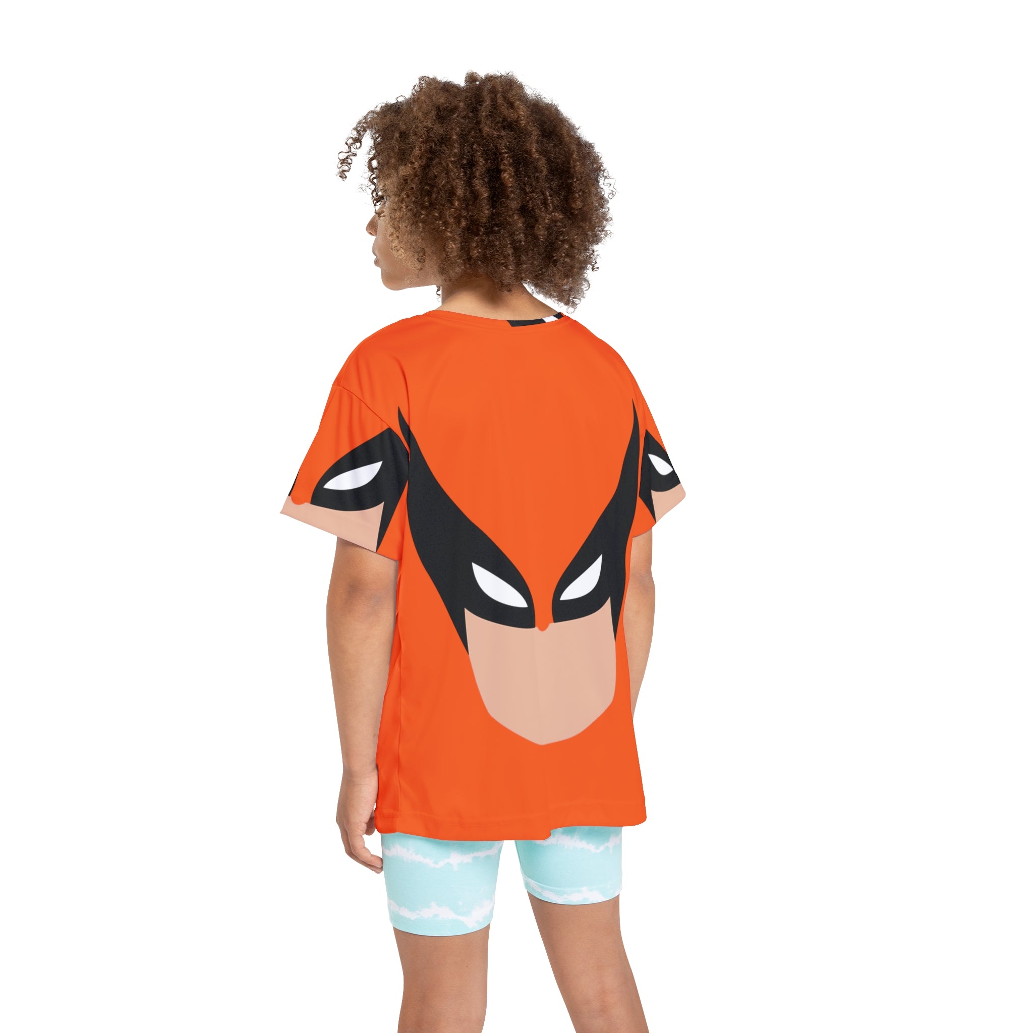 Kids Superhero Face Print Sports Jersey — Orange All-Over-Print Athletic Tee