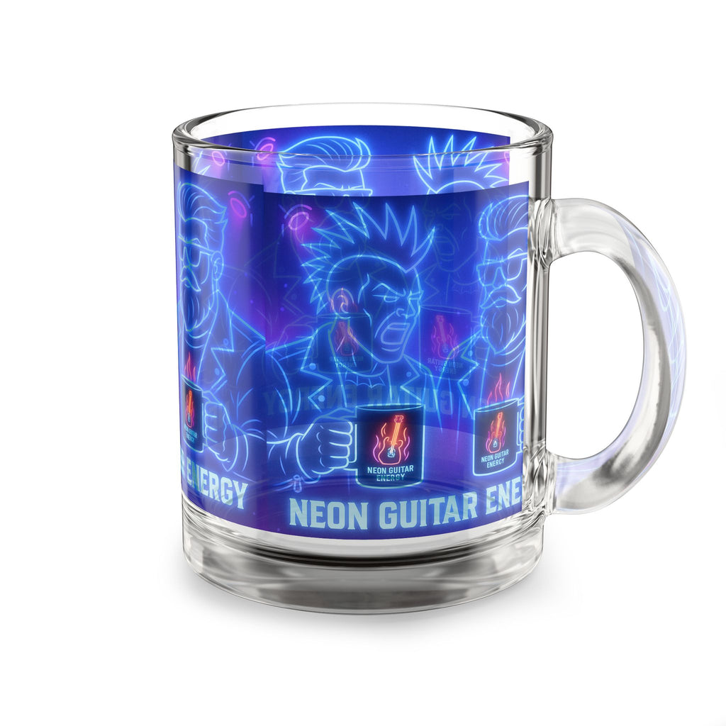 Glass Mug — Neon Guitar Energy Rocker Coffee Cup, 10oz