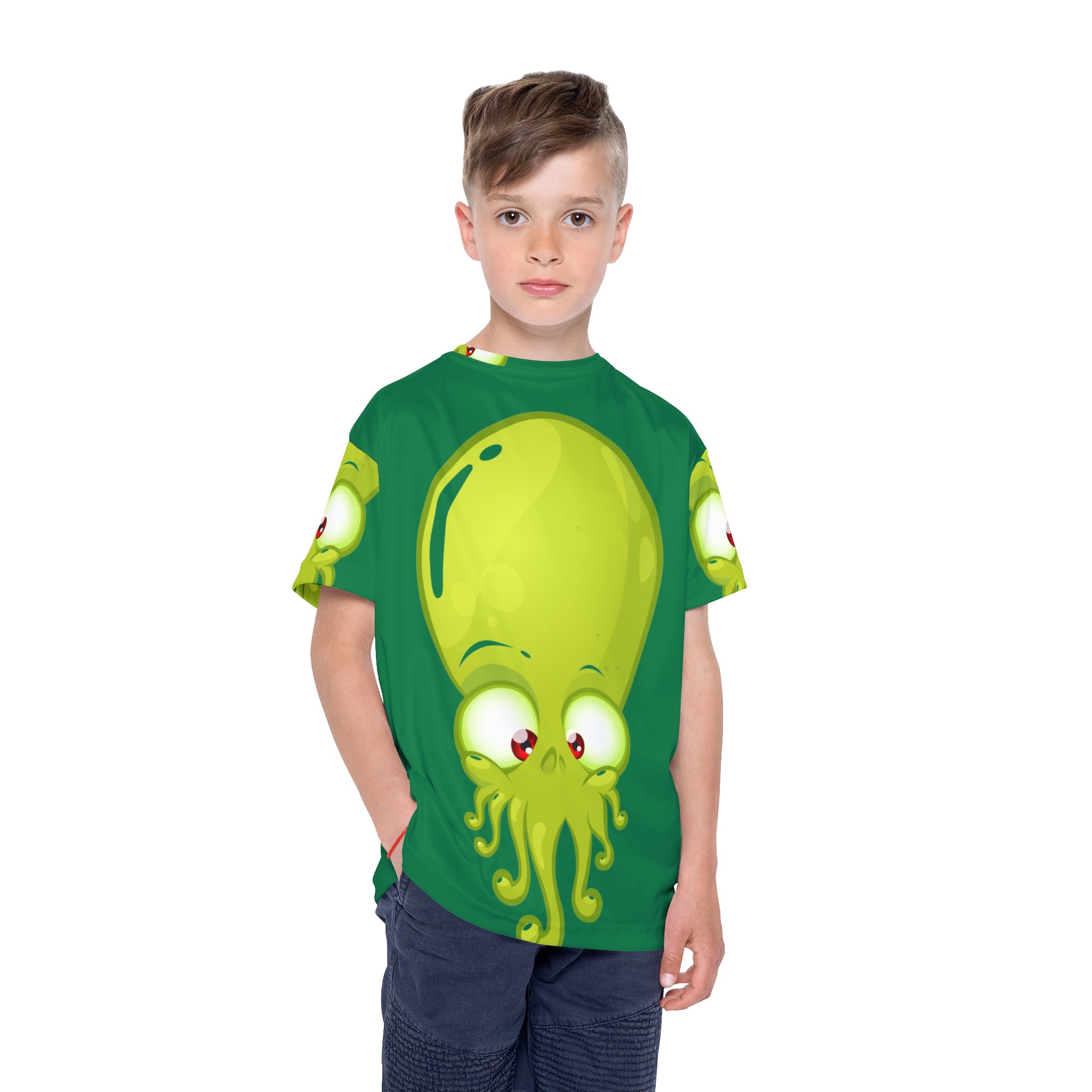 Kids Jersey — Cute Green Squid All-Over Print Sports Tee