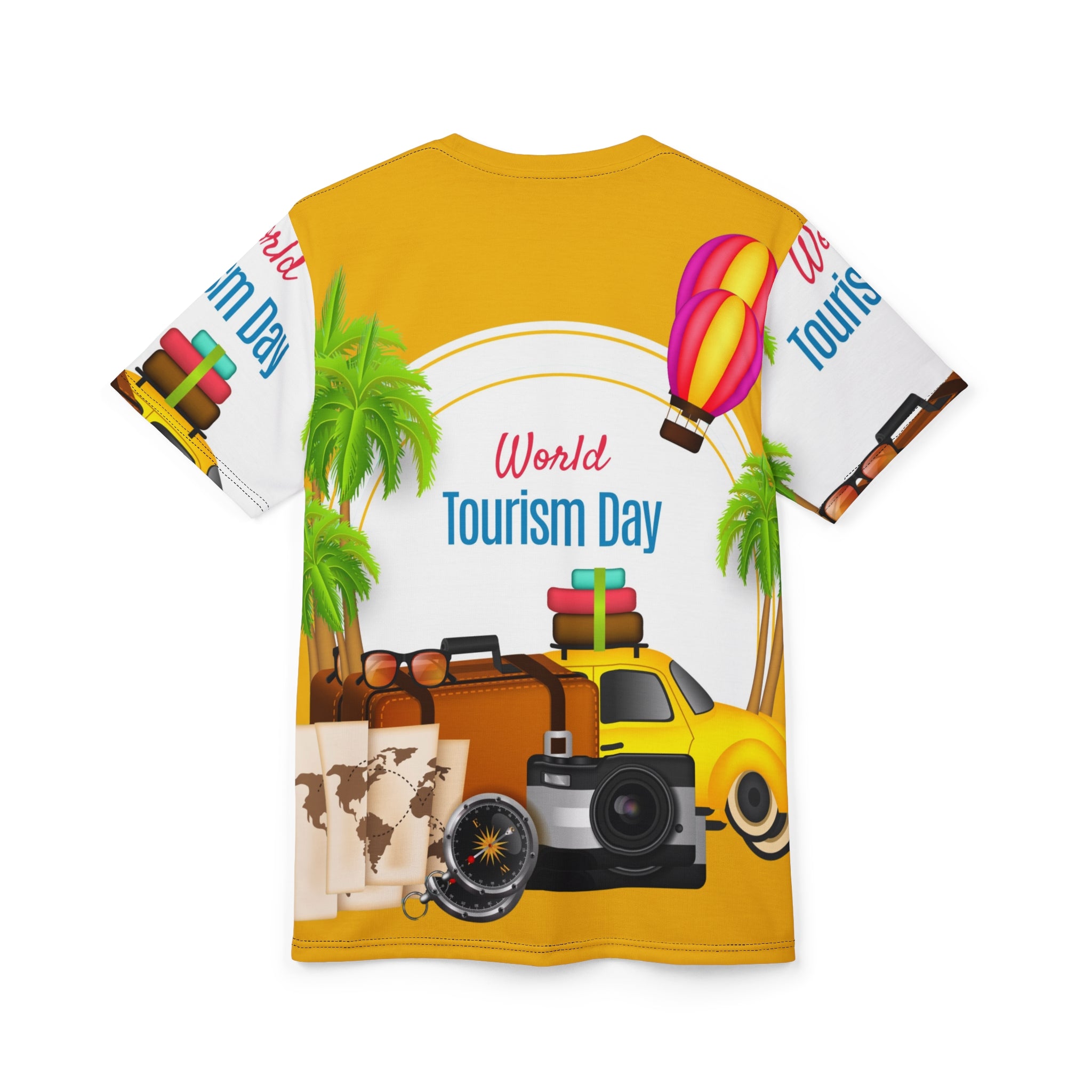 World Tourism Day Travel Tee — Camera, Luggage & Hot Air Balloon Design