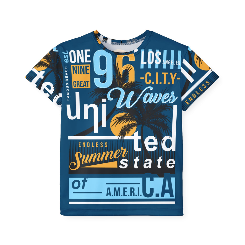 Kids Graphic Jersey Tee — 'Endless Summer' Blue Surf & Palm Print