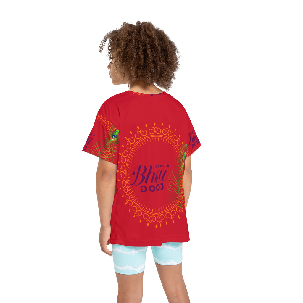 Kids Jersey - Happy Bhai Dooj Red All-Over-Print Tee with Peacock Feather Design
