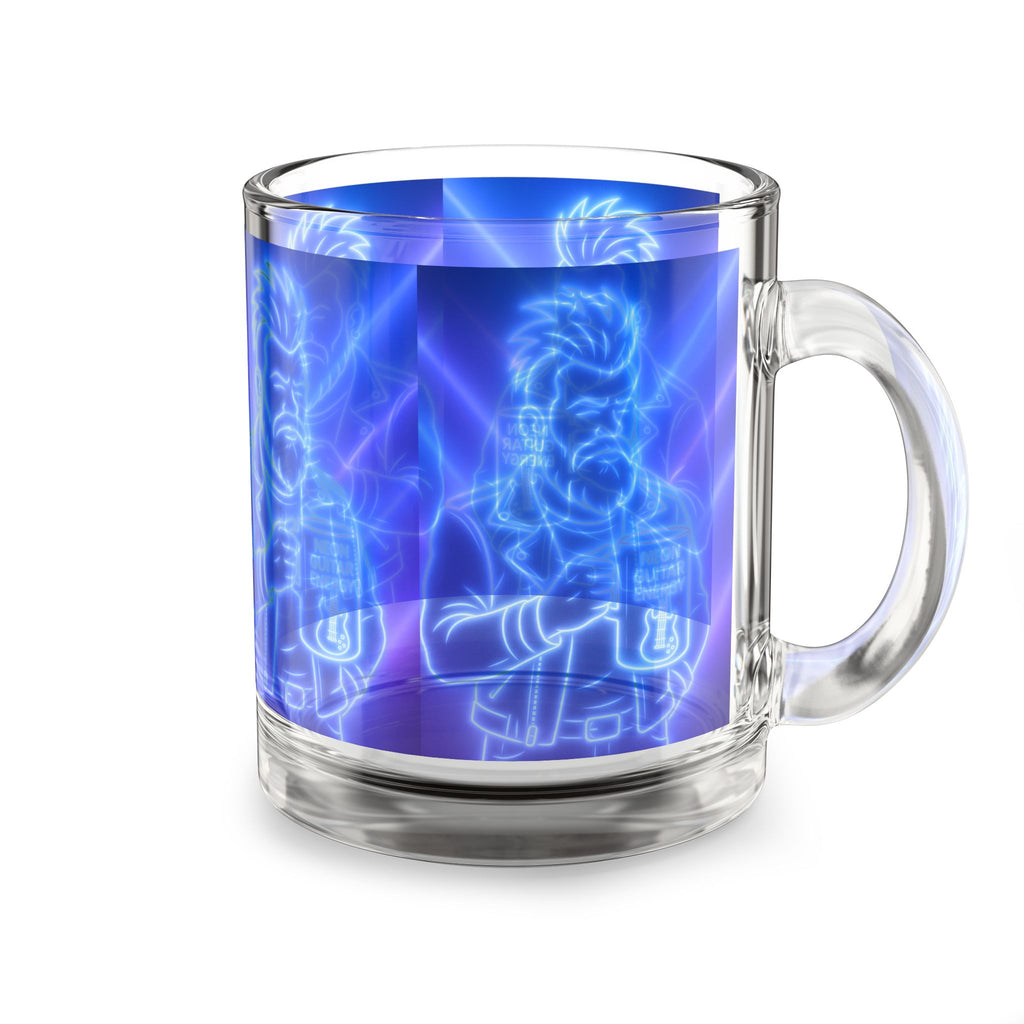 Neon Guitar Demon 10oz Glass Mug — Blue Retro Rock Coffee Cup