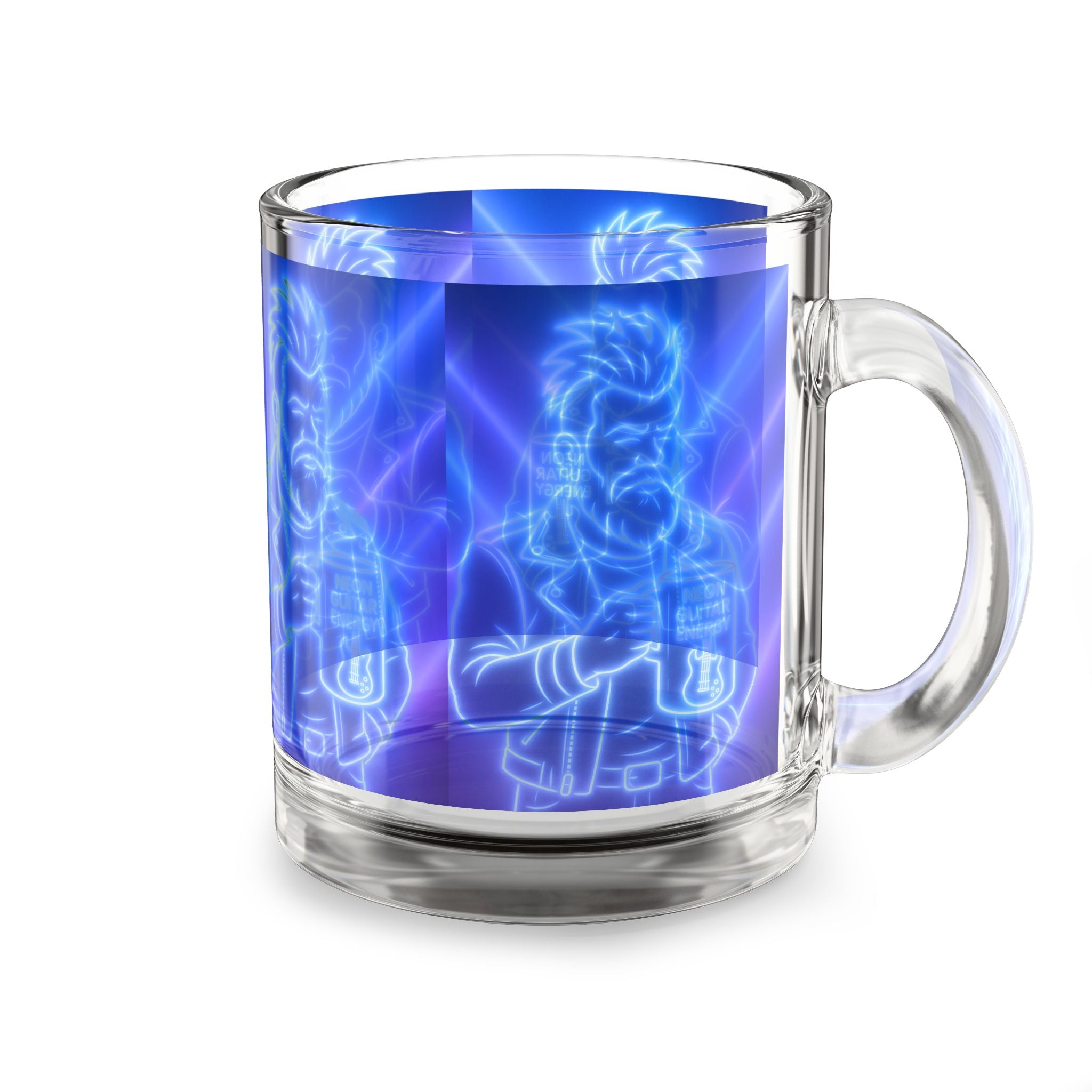Neon Guitar Demon 10oz Glass Mug — Blue Retro Rock Coffee Cup