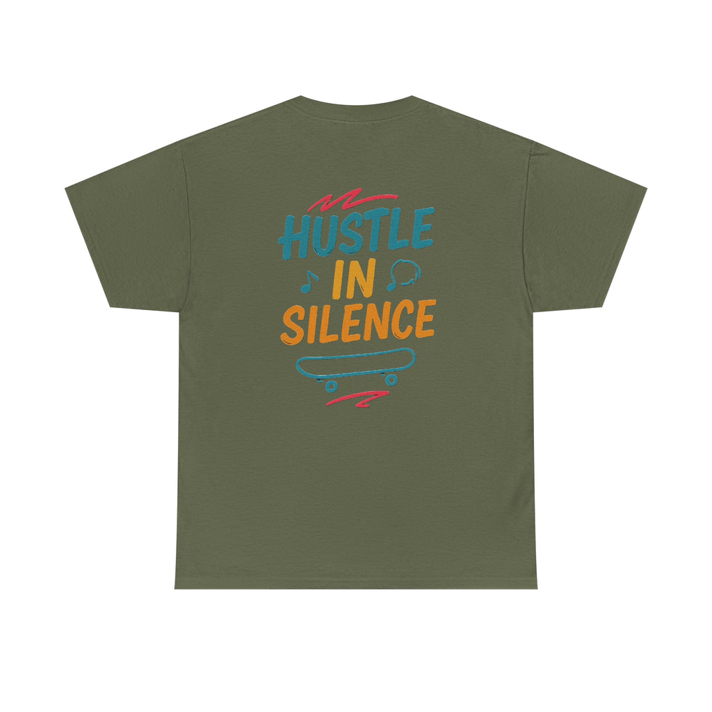 Hustle in Silence Tee - Unisex Heavy Cotton T-Shirt, Skateboarder Gift, Cool Casual Wear, Fitness Shirt, Motivational Apparel