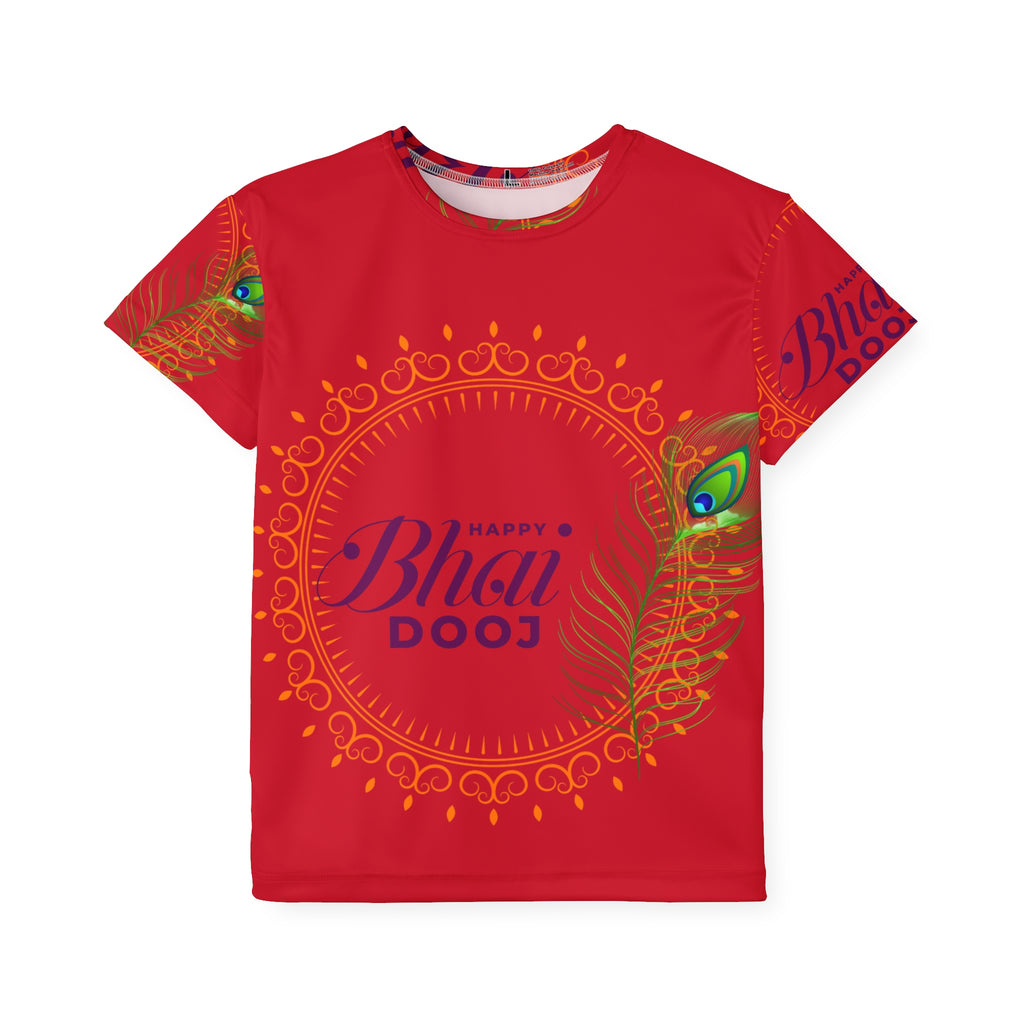 Kids Jersey - Happy Bhai Dooj Red All-Over-Print Tee with Peacock Feather Design