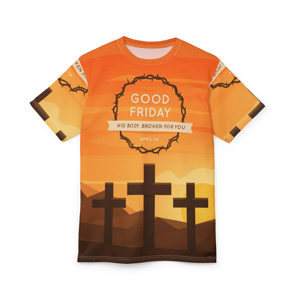 Good Friday Tee — 'His Body, Broken For You' All-Over Print Christian T-Shirt
