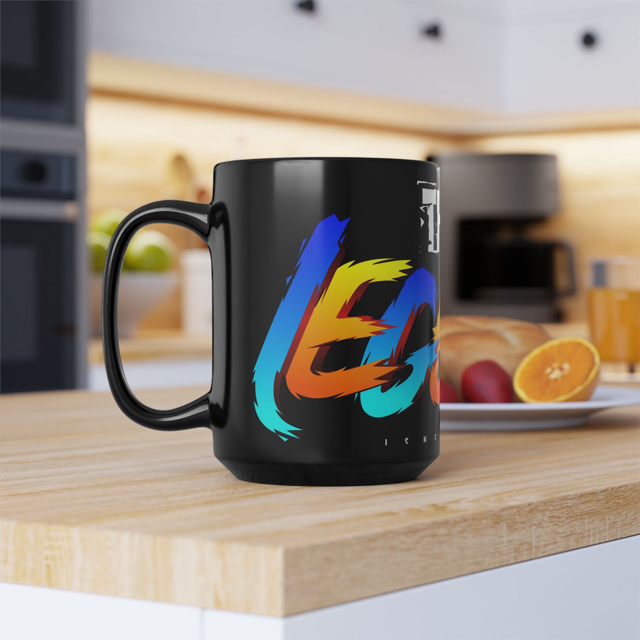 The Legend Bold Script 15oz Black Mug — Colorful Retro Brush Lettering