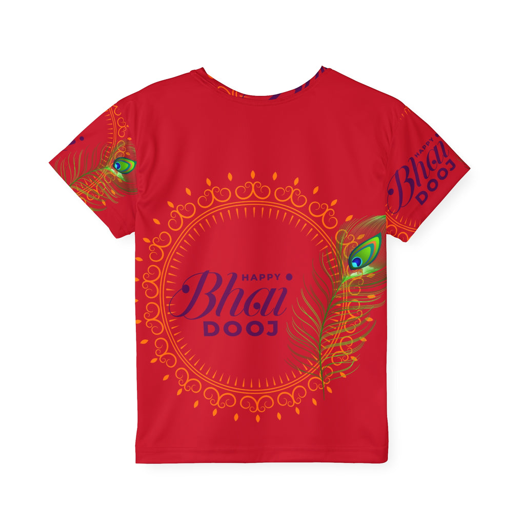 Kids Jersey - Happy Bhai Dooj Red All-Over-Print Tee with Peacock Feather Design