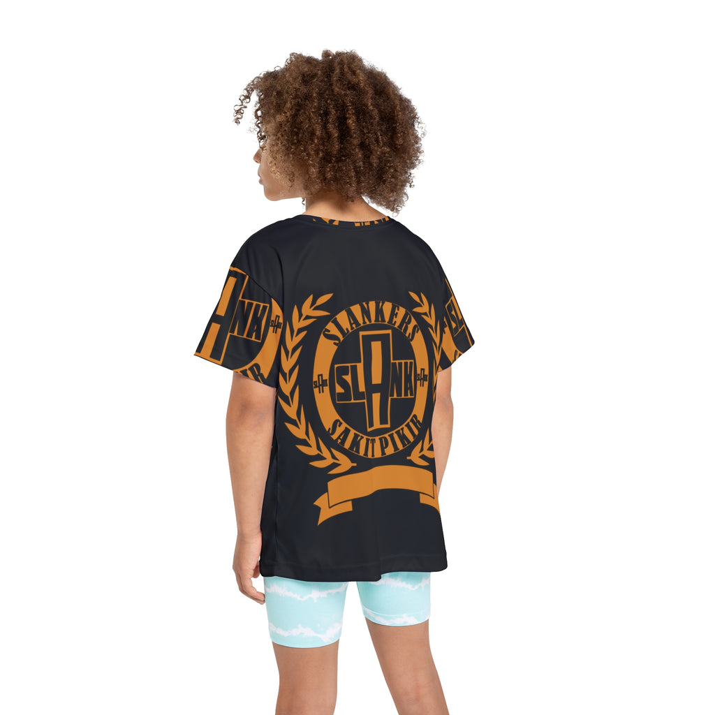 Kids Sports Jersey — Black & Orange Athletic Tee with Laurel Emblem (SLAANK Sakit Pikir)