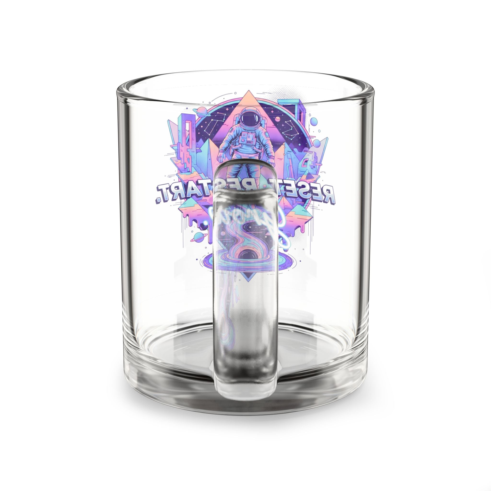 Reset. Restart. Glow. — 10oz Glass Mug with Neon Space Astronaut Design
