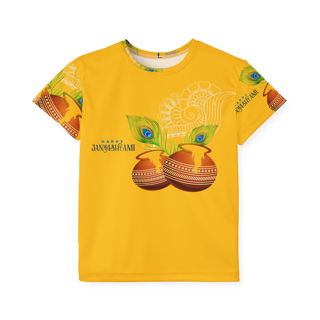 Kids Sports Jersey — Happy Janmashtami All-Over Print Yellow Tee with Dholak & Peacock Feather Design