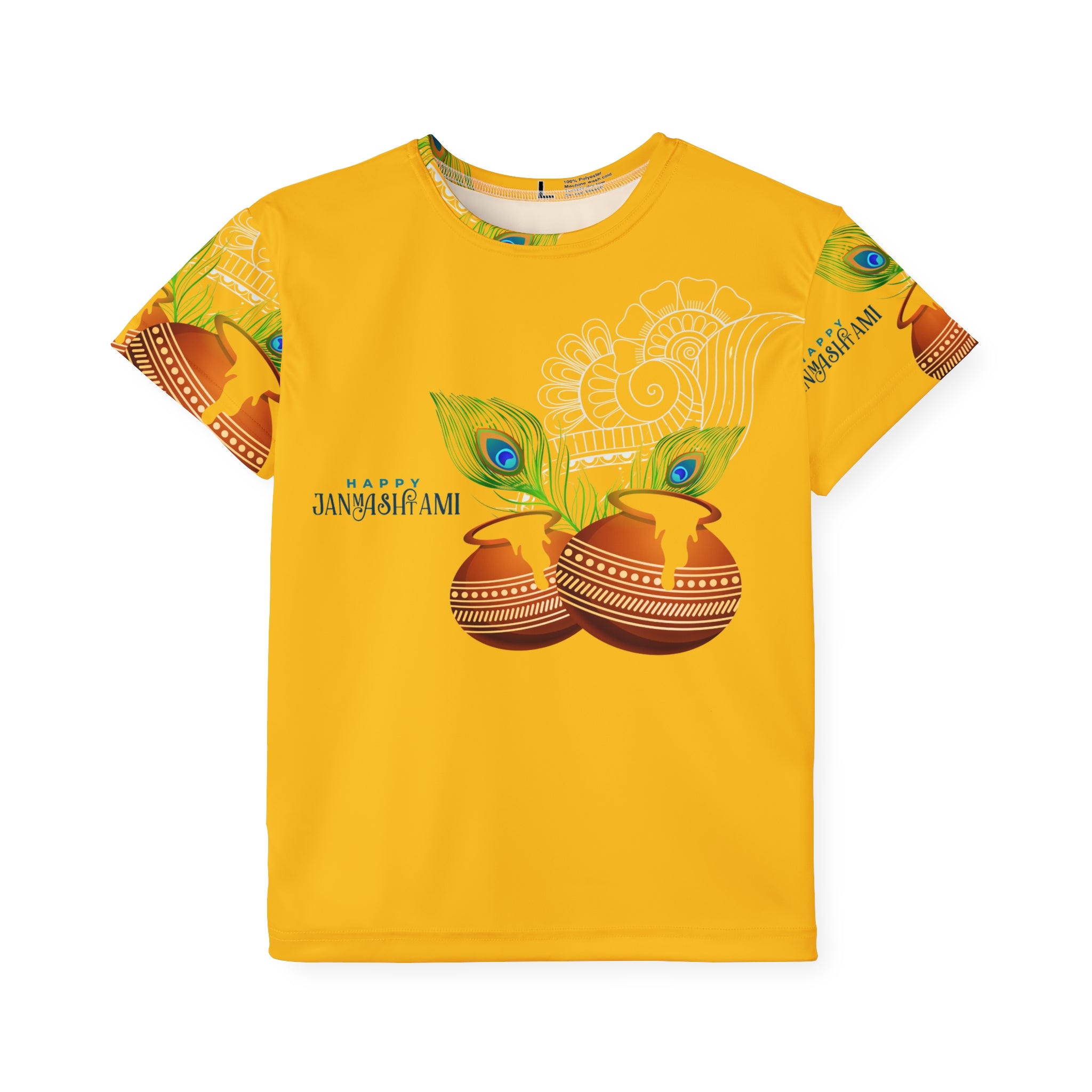 Kids Sports Jersey — Happy Janmashtami All-Over Print Yellow Tee with Dholak & Peacock Feather Design