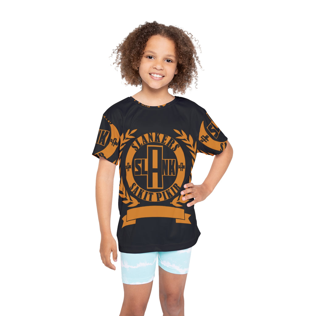 Kids Sports Jersey — Black & Orange Athletic Tee with Laurel Emblem (SLAANK Sakit Pikir)