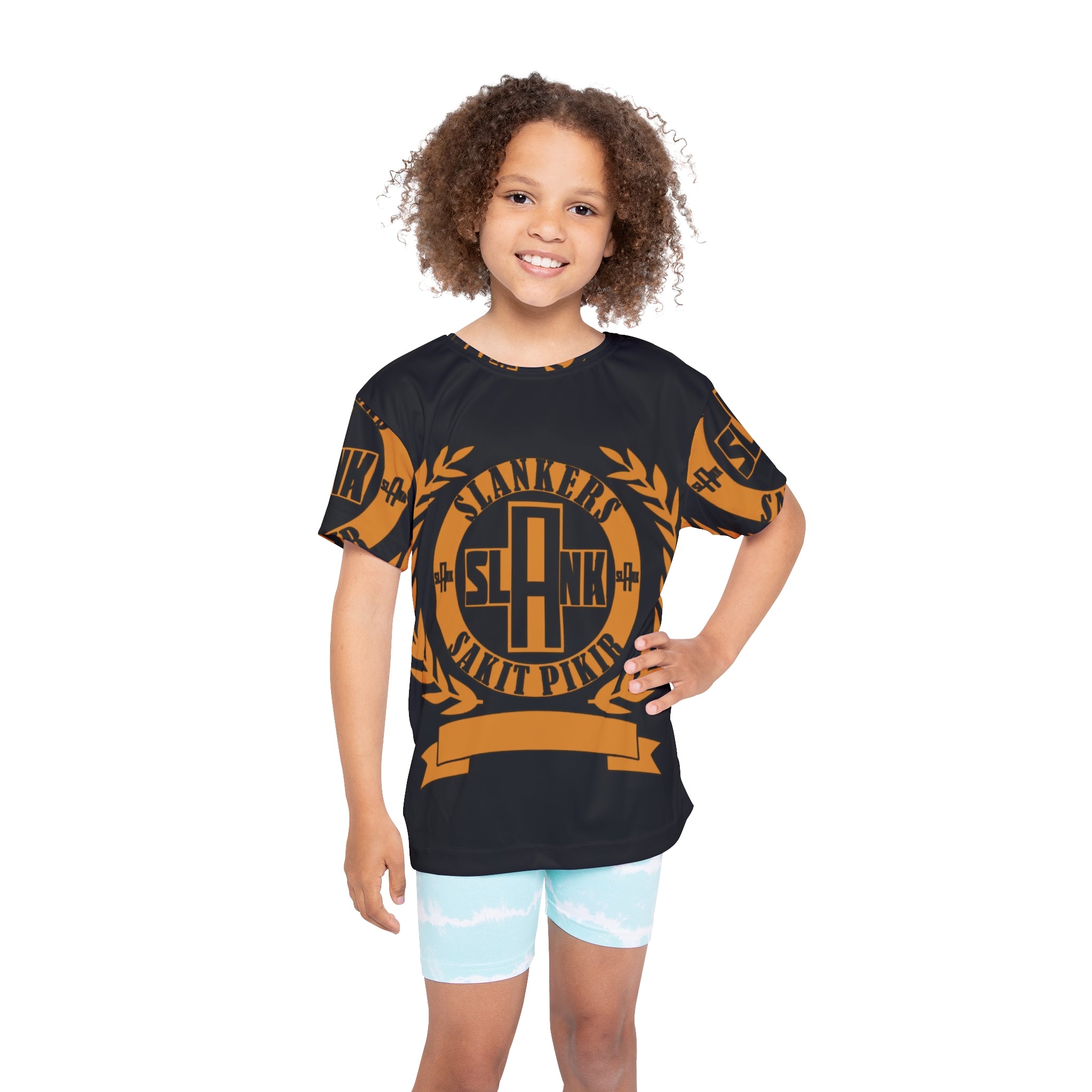 Kids Sports Jersey — Black & Orange Athletic Tee with Laurel Emblem (SLAANK Sakit Pikir)
