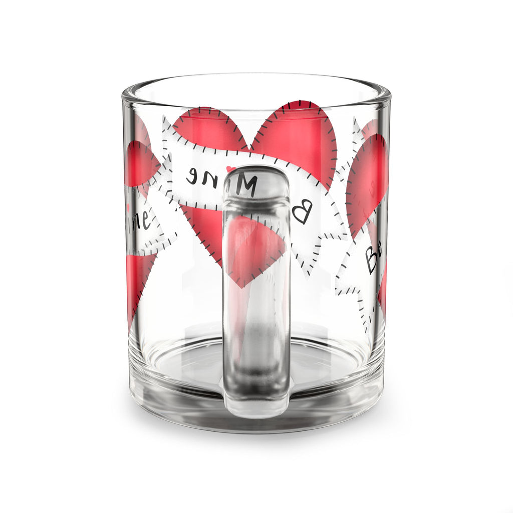 Glass Mug — 'Be Mine' Red Patchwork Hearts Valentine Coffee Mug (10oz)