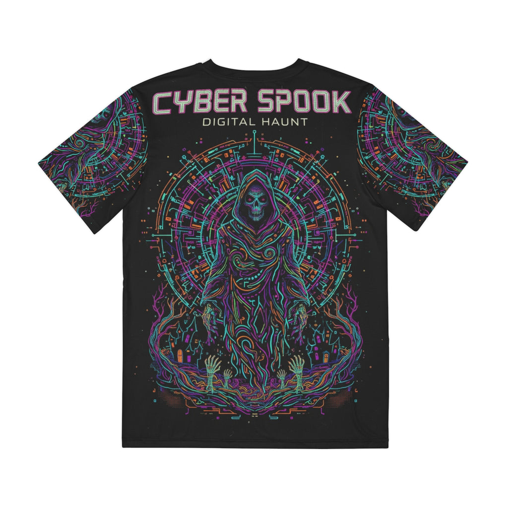 Cyber Spook Men's Polyester Tee, Gothic Graphic Tee, Halloween Costume Top, AOP T-Shirt, Unique Gift for Gamers, Digital Haunt Apparel