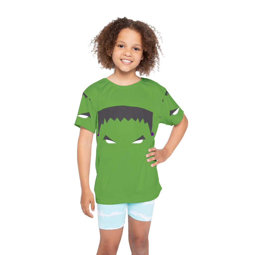 Kids Monster Face Sports Jersey — Green Frankenstein Halloween Tee