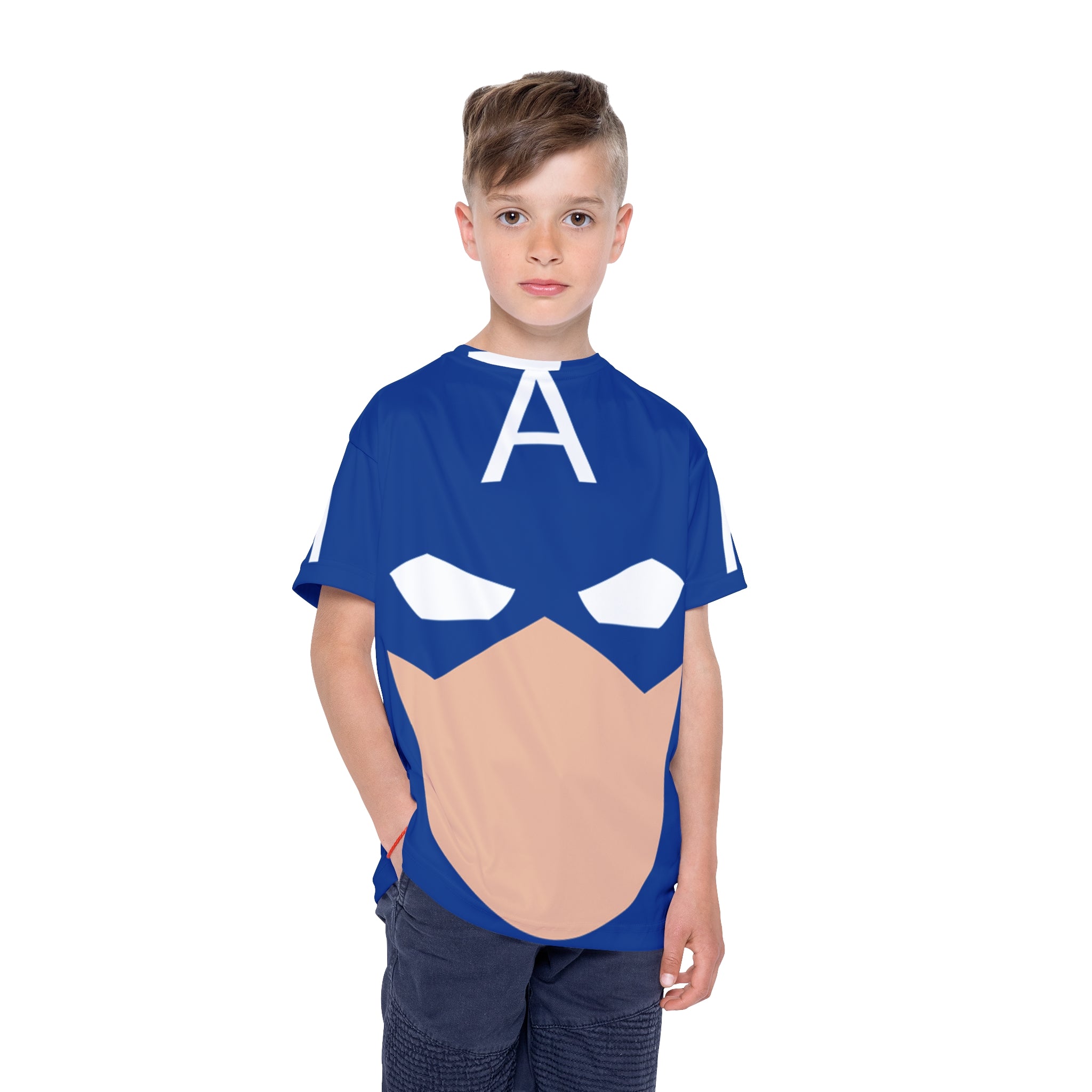 Kids Superhero Jersey – Blue Mask A Front-Print Athletic Tee