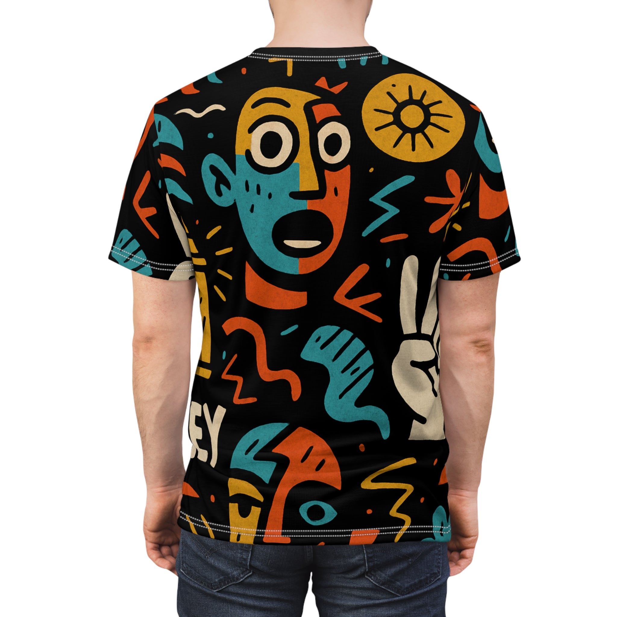 Abstract Faces Print Tee — Retro Doodle T-Shirt