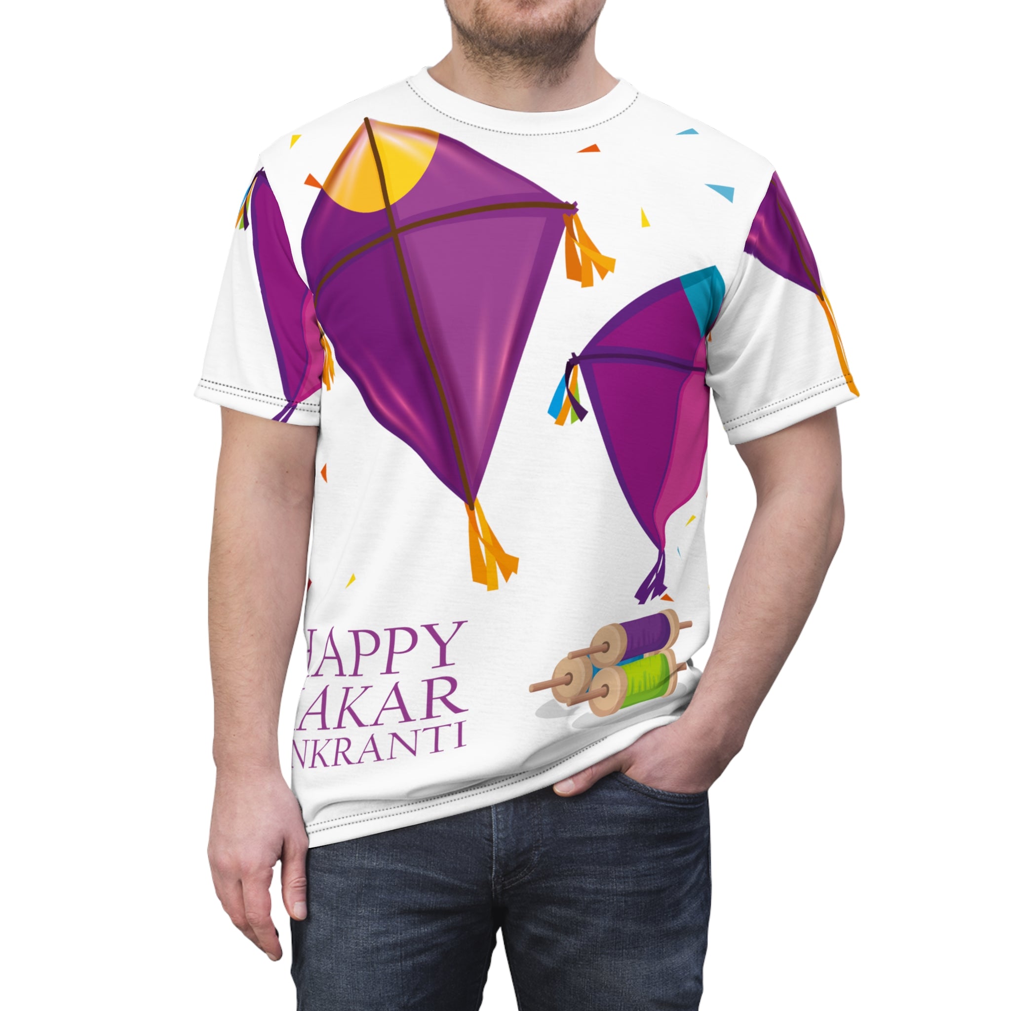 Makar Sankranti Kite Festival Tee — "Happy Makar Sankranti" All-Over Print T-Shirt