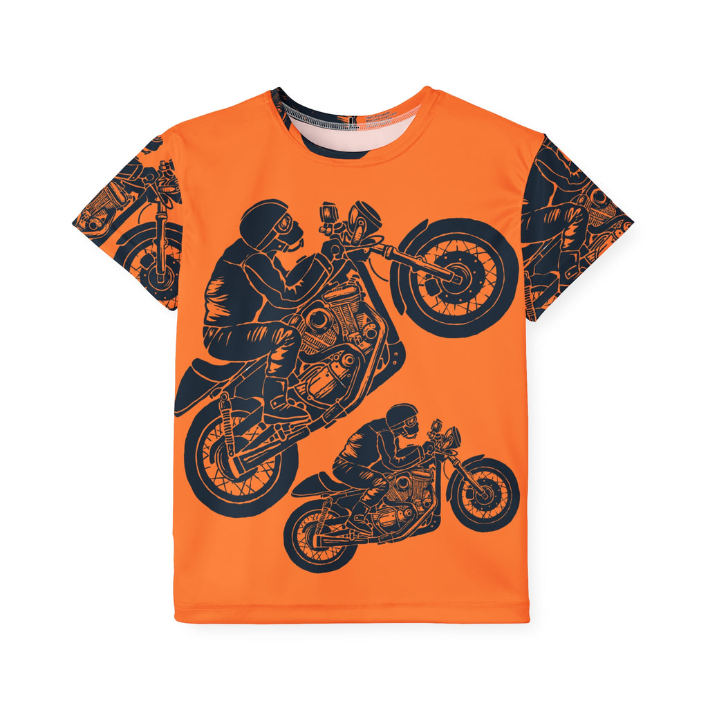 Kids Orange Motorcycle Jersey — Retro Stunt Bike All-Over Print