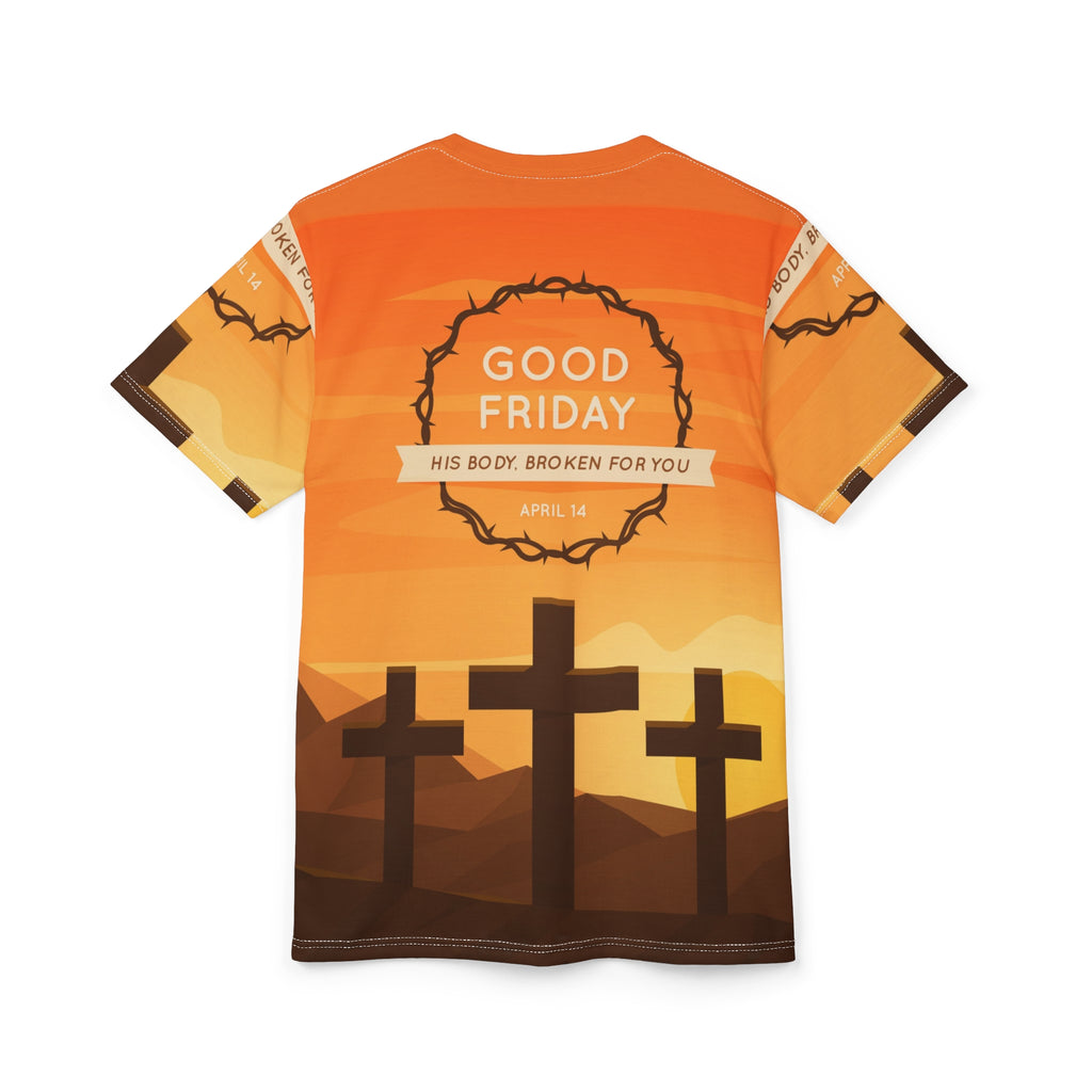 Good Friday Tee — 'His Body, Broken For You' All-Over Print Christian T-Shirt