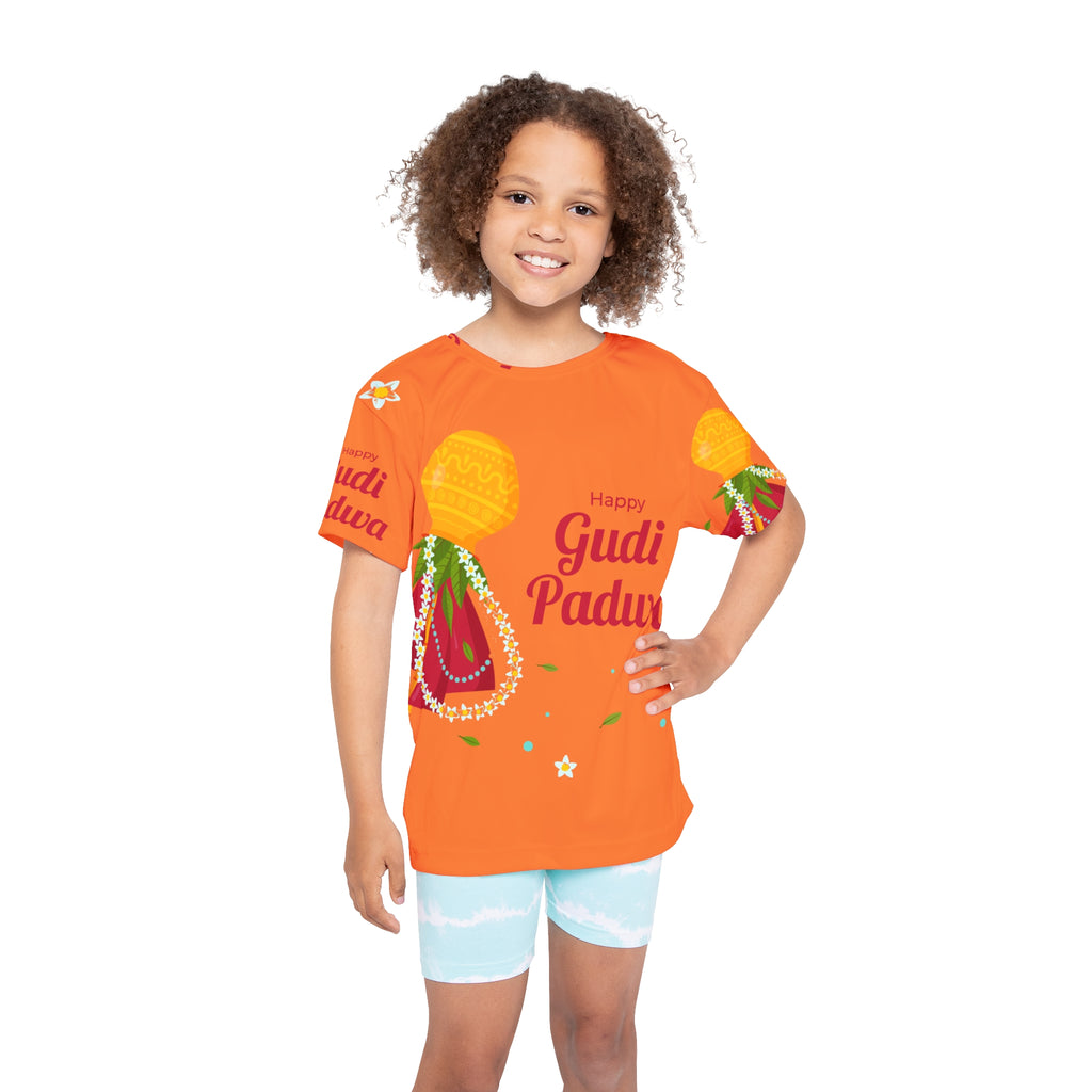Gudi Padwa Kids Jersey — Bright Orange Festival Tee with 'Happy Gudi Padwa' Design