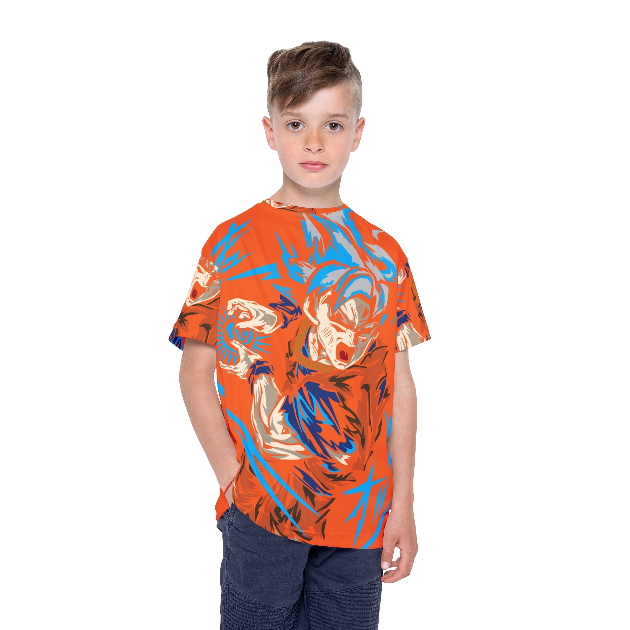 Kids Anime Power Jersey — Vibrant Orange All-Over Print