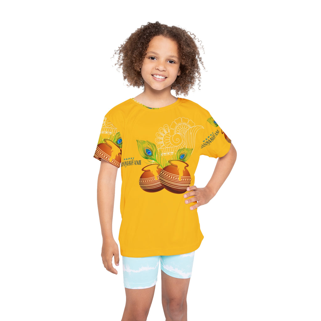 Kids Sports Jersey — Happy Janmashtami All-Over Print Yellow Tee with Dholak & Peacock Feather Design