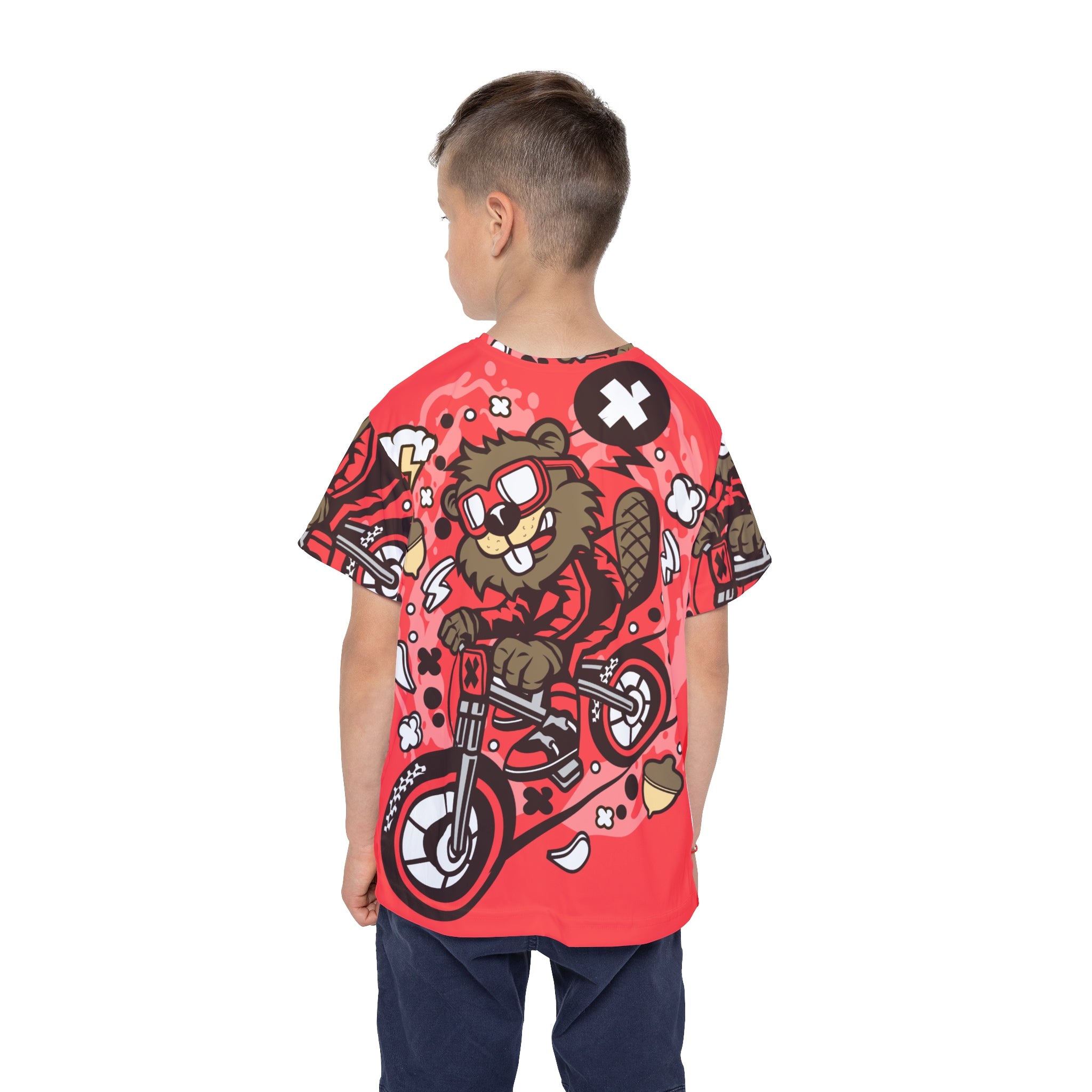 Kids Dirt Bike Jersey — Red Cartoon Beaver Motocross All-Over Print