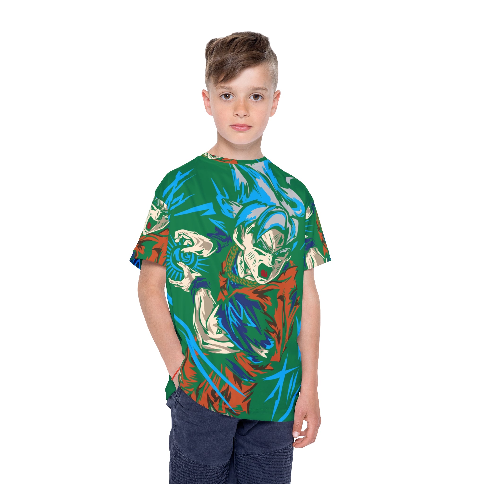 Kids Anime Power Tee — Colorful Superhero Action AOP Jersey